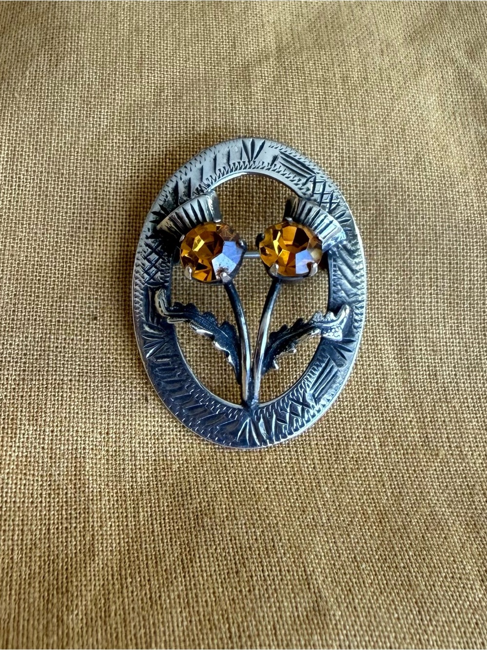 Vintage 1940s Ward Brothers Sterling Scottish Thistle Brooch Amber Paste Stones